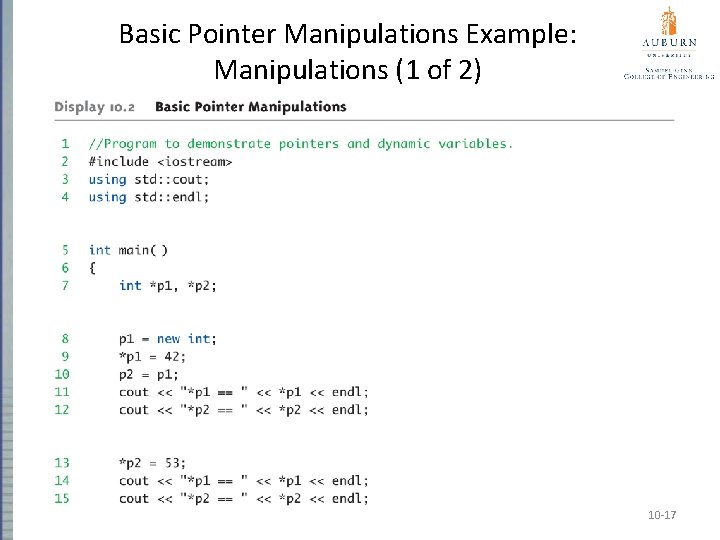 Basic Pointer Manipulations Example: Manipulations (1 of 2) 10 -17 