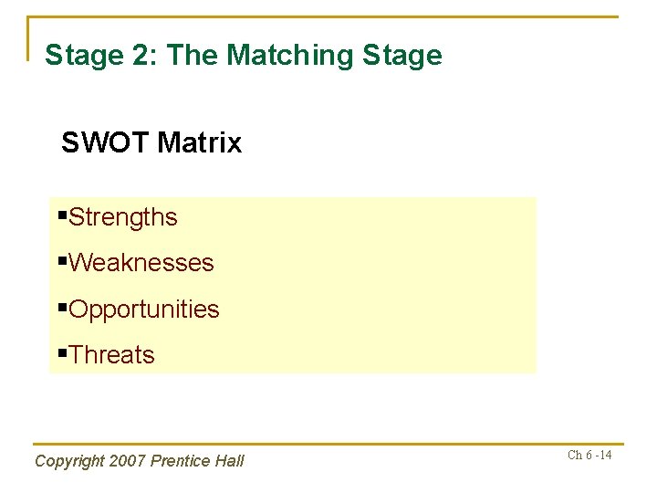 Stage 2: The Matching Stage SWOT Matrix §Strengths §Weaknesses §Opportunities §Threats Copyright 2007 Prentice