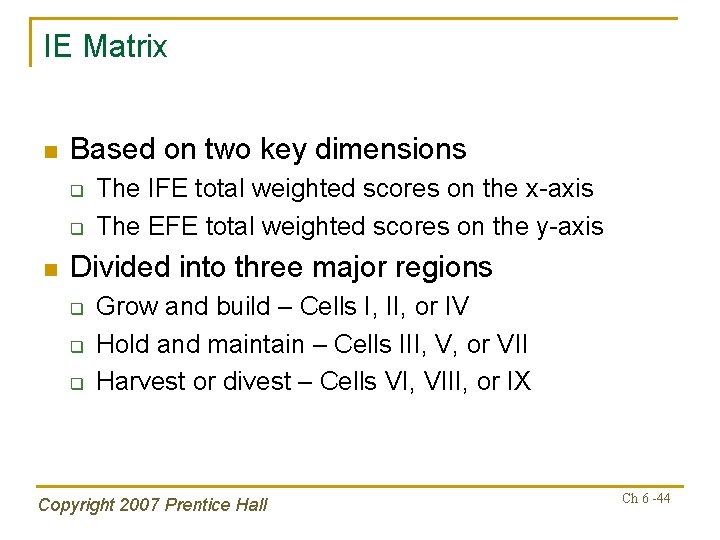 IE Matrix n Based on two key dimensions q q n The IFE total