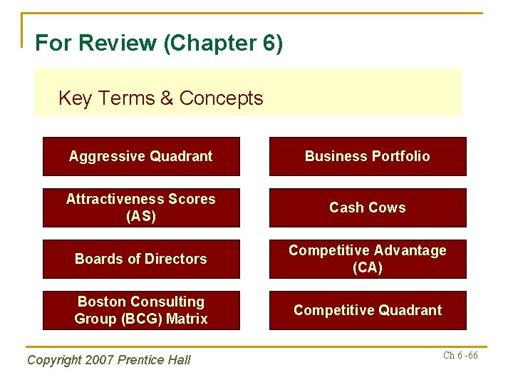 For Review (Chapter 6) Key Terms & Concepts Aggressive Quadrant Business Portfolio Attractiveness Scores