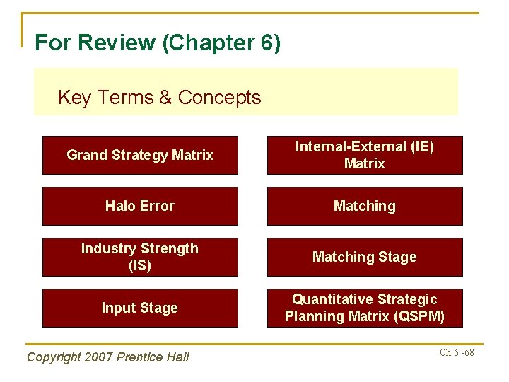 For Review (Chapter 6) Key Terms & Concepts Grand Strategy Matrix Internal-External (IE) Matrix