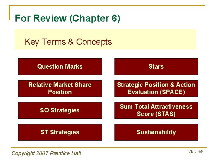 For Review (Chapter 6) Key Terms & Concepts Question Marks Stars Relative Market Share