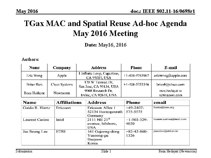 May 2016 doc. : IEEE 802. 11 -16/0698 r 1 TGax MAC and Spatial