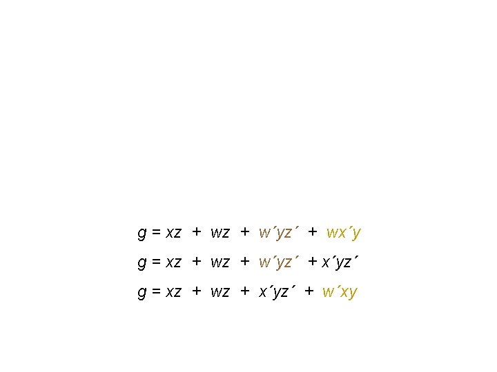 g = xz + w´yz´ + wx´y g = xz + w´yz´ + x´yz´