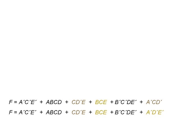 F = A´C´E´ + ABCD + CD´E + BCE + B´C´DE´ + A´CD´ F