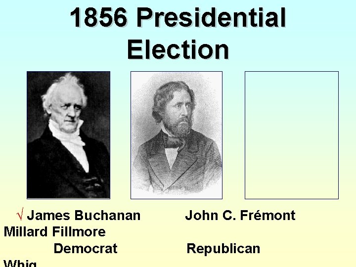 1856 Presidential Election √ James Buchanan Millard Fillmore Democrat John C. Frémont Republican 