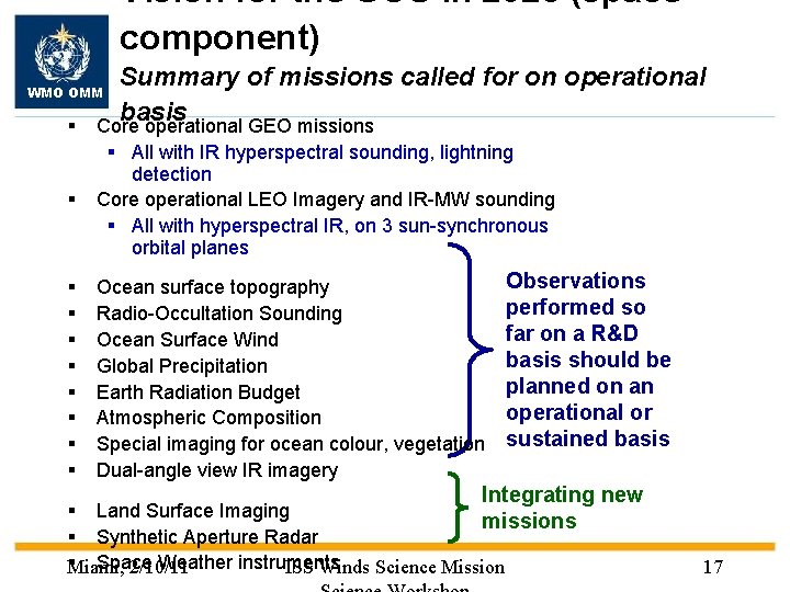 Vision for the GOS in 2025 (space component) Summary of missions called for on