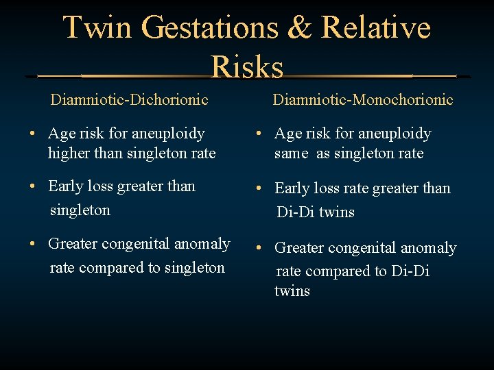 Twin Gestations & Relative Risks Diamniotic-Dichorionic Diamniotic-Monochorionic • Age risk for aneuploidy higher than