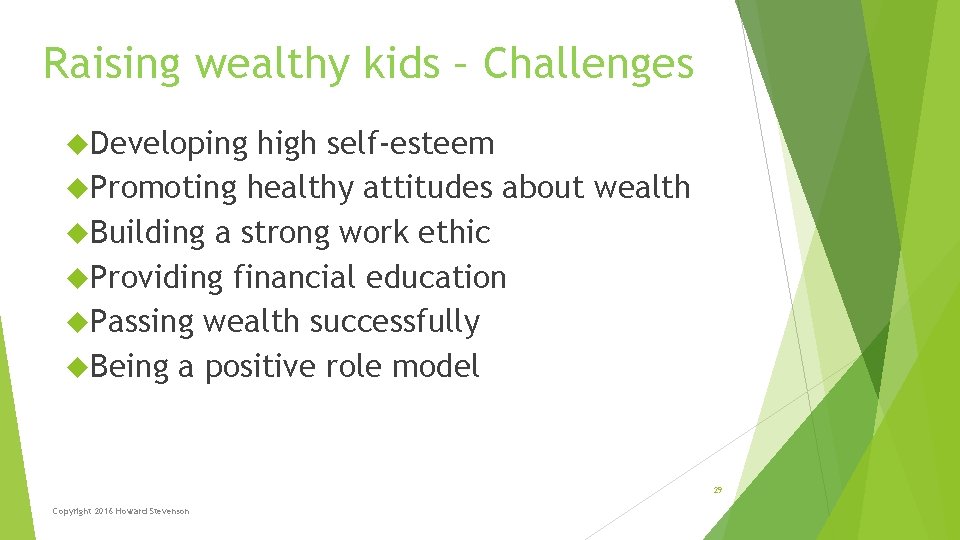 Raising wealthy kids – Challenges Developing high self-esteem Promoting healthy attitudes about wealth Building Raising wealthy kids – Challenges Developing high self-esteem Promoting healthy attitudes about wealth Building