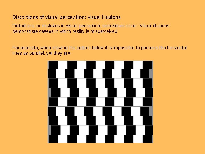 Distortions of visual perception: visual illusions Distortions, or mistakes in visual perception, sometimes occur.