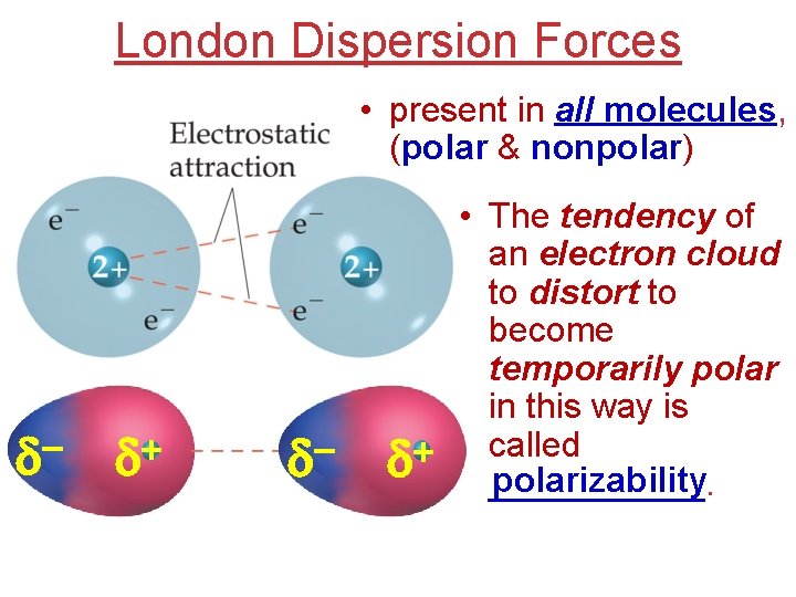 London Dispersion Forces • present in all molecules, (polar & nonpolar) d + d