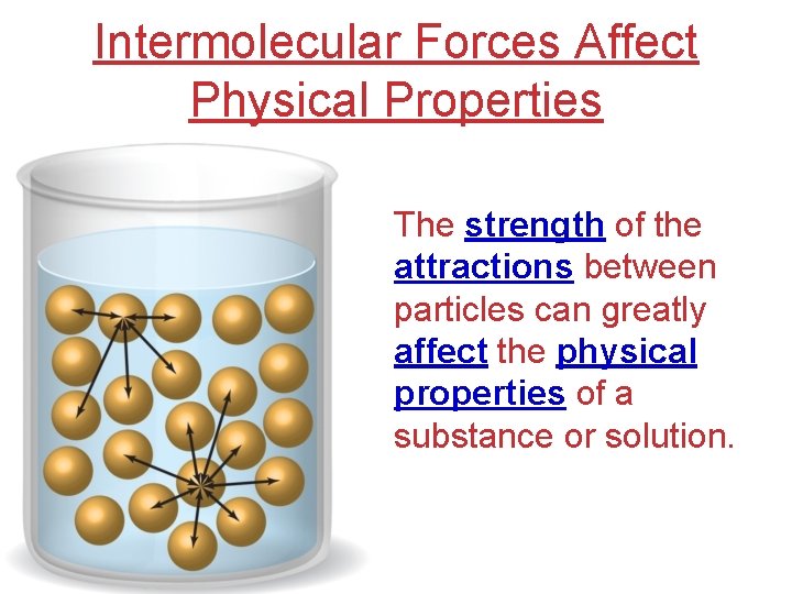 Intermolecular Forces Affect Physical Properties The strength of the attractions between particles can greatly
