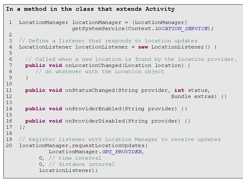 In a method in the class that extends Activity 1 2 3 4 5