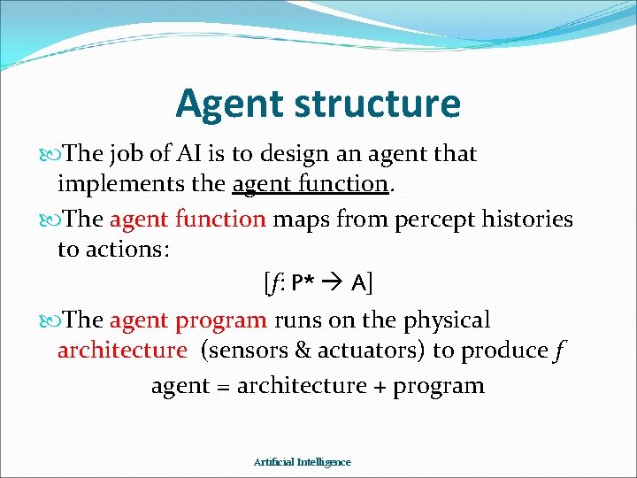 Agent structure The job of AI is to design an agent that implements the