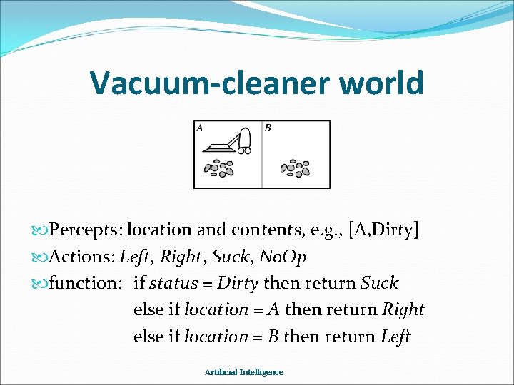 Vacuum-cleaner world Percepts: location and contents, e. g. , [A, Dirty] Actions: Left, Right,