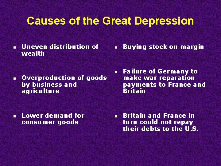 Causes of the Great Depression n Uneven distribution of wealth Overproduction of goods by