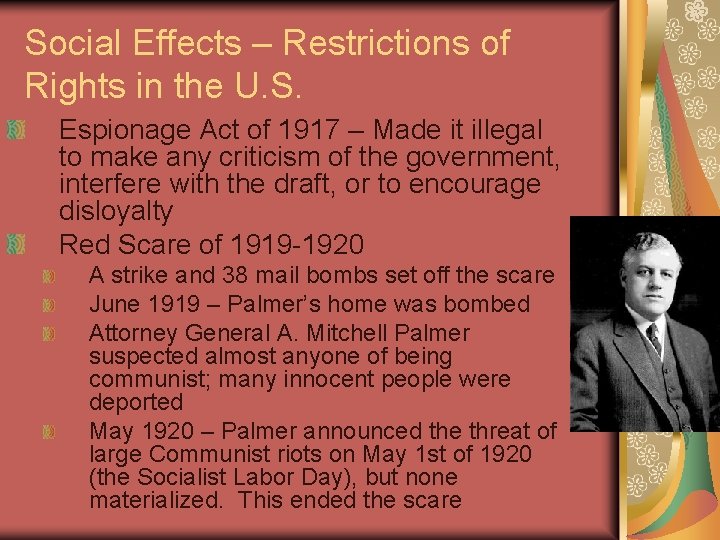 Social Effects – Restrictions of Rights in the U. S. Espionage Act of 1917