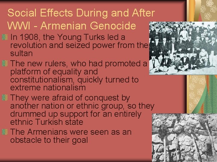 Social Effects During and After WWI - Armenian Genocide In 1908, the Young Turks