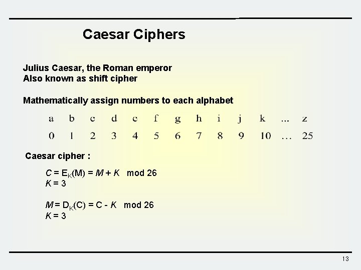 Caesar Ciphers Julius Caesar, the Roman emperor Also known as shift cipher Mathematically assign