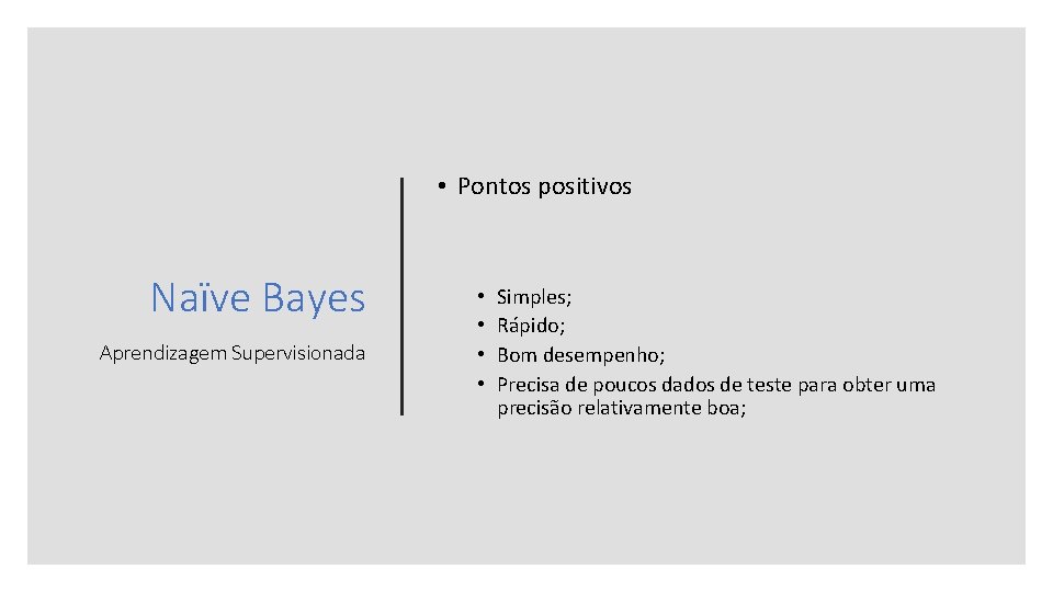  • Pontos positivos Naïve Bayes Aprendizagem Supervisionada • • Simples; Rápido; Bom desempenho;