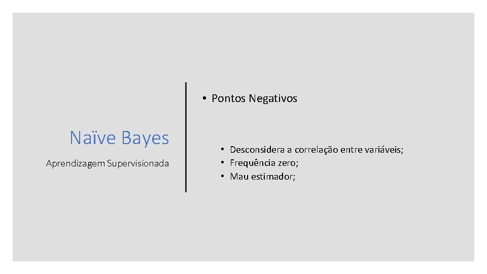  • Pontos Negativos Naïve Bayes Aprendizagem Supervisionada • Desconsidera a correlação entre variáveis;