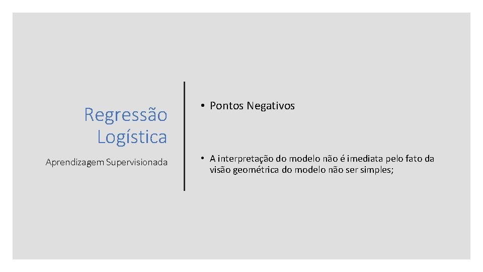 Regressão Logística Aprendizagem Supervisionada • Pontos Negativos • A interpretação do modelo não é