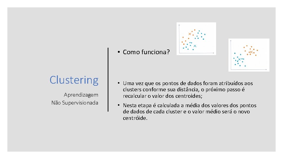  • Como funciona? Clustering Aprendizagem Não Supervisionada • Uma vez que os pontos