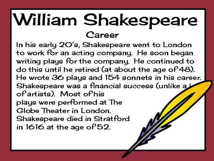 William Shakespeare Career In his early 20’s, Shakespeare went to London to work for