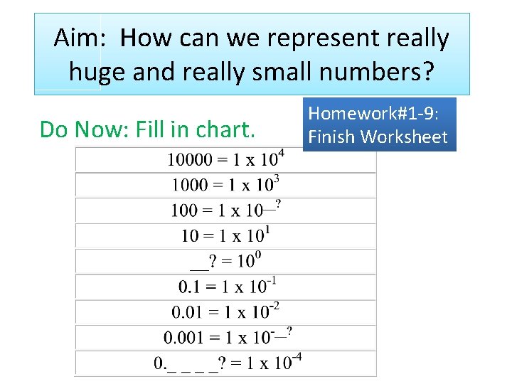 Aim: How can we represent really huge and really small numbers? Do Now: Fill