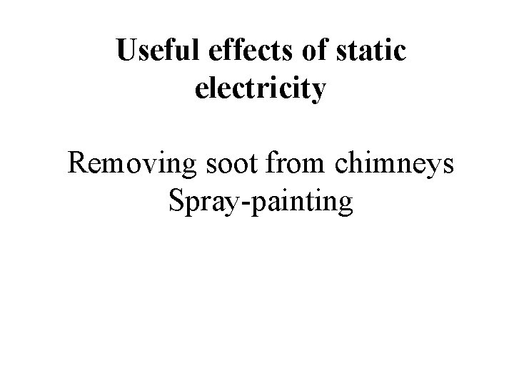 Useful effects of static electricity Removing soot from chimneys Spray-painting 