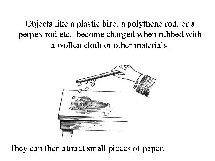 Objects like a plastic biro, a polythene rod, or a perpex rod etc. .