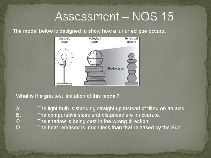 Assessment – NOS 15 The model below is designed to show a lunar eclipse