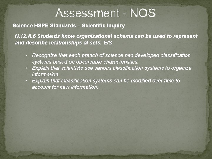 Assessment - NOS Science HSPE Standards – Scientific Inquiry N. 12. A. 6 Students