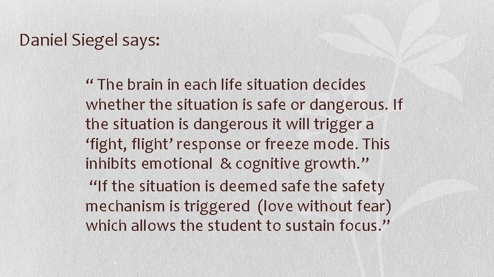 Daniel Siegel says: “ The brain in each life situation decides whether the situation