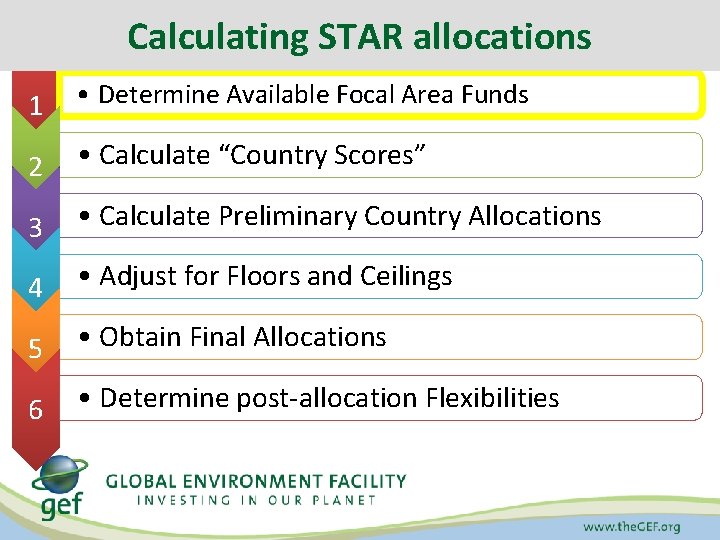 Calculating STAR allocations 1 • Determine Available Focal Area Funds 2 • Calculate “Country