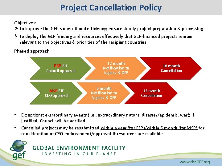 Project Cancellation Policy Objectives: Ø to improve the GEF’s operational efficiency; ensure timely project
