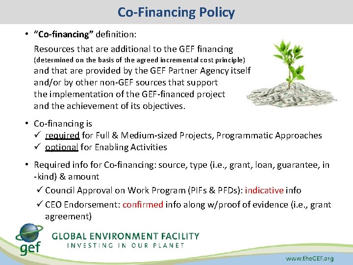 Co-Financing Policy • “Co-financing” definition: Resources that are additional to the GEF financing (determined