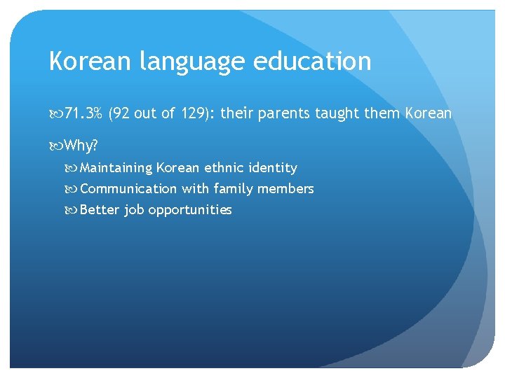 Korean language education 71. 3% (92 out of 129): their parents taught them Korean Korean language education 71. 3% (92 out of 129): their parents taught them Korean