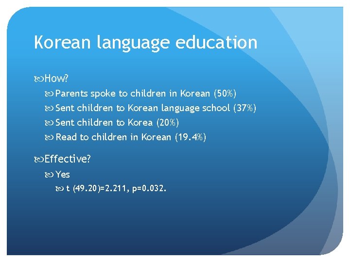 Korean language education How? Parents spoke to children in Korean (50%) Sent children to Korean language education How? Parents spoke to children in Korean (50%) Sent children to