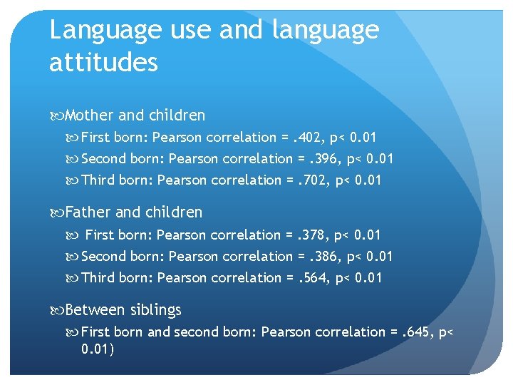 Language use and language attitudes Mother and children First born: Pearson correlation =. 402, Language use and language attitudes Mother and children First born: Pearson correlation =. 402,