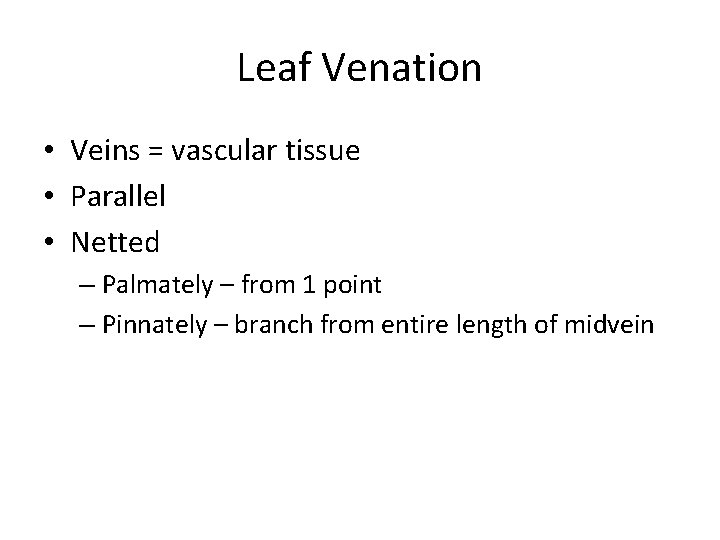 Leaf Venation • Veins = vascular tissue • Parallel • Netted – Palmately –