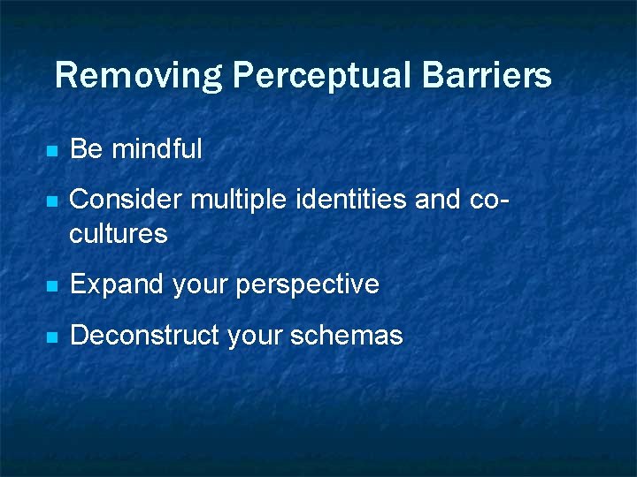 Removing Perceptual Barriers n Be mindful n Consider multiple identities and cocultures n Expand