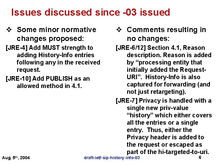 Issues discussed since -03 issued v Some minor normative changes proposed: v Comments resulting