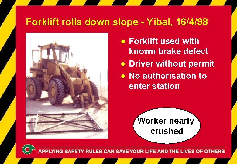 Forklift rolls down slope - Yibal, 16/4/98 l l l Forklift used with known Forklift rolls down slope - Yibal, 16/4/98 l l l Forklift used with known