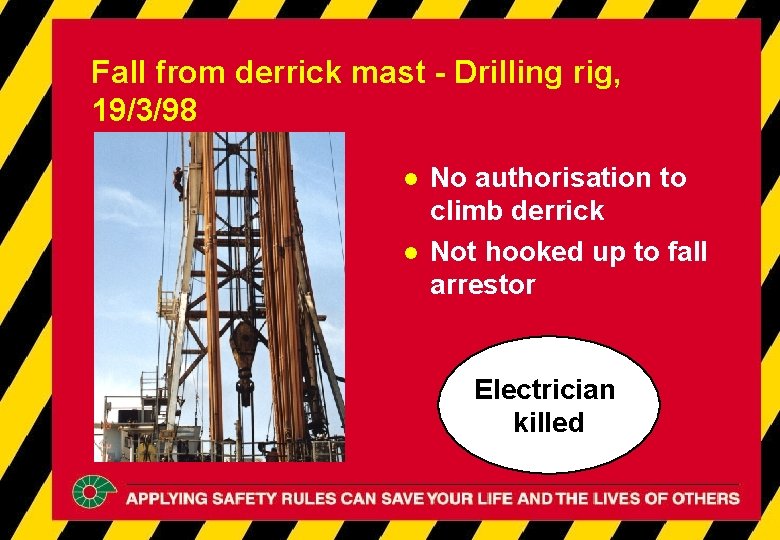 Fall from derrick mast - Drilling rig, 19/3/98 l l No authorisation to climb Fall from derrick mast - Drilling rig, 19/3/98 l l No authorisation to climb
