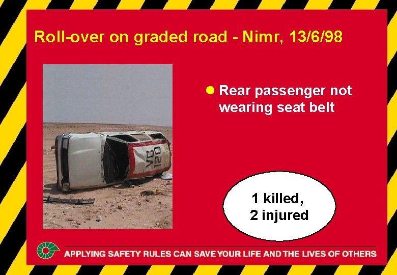 Roll-over on graded road - Nimr, 13/6/98 l Rear passenger not wearing seat belt Roll-over on graded road - Nimr, 13/6/98 l Rear passenger not wearing seat belt