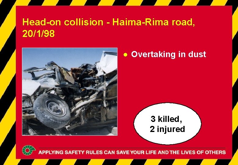 Head-on collision - Haima-Rima road, 20/1/98 l Overtaking in dust 3 killed, 2 injured Head-on collision - Haima-Rima road, 20/1/98 l Overtaking in dust 3 killed, 2 injured