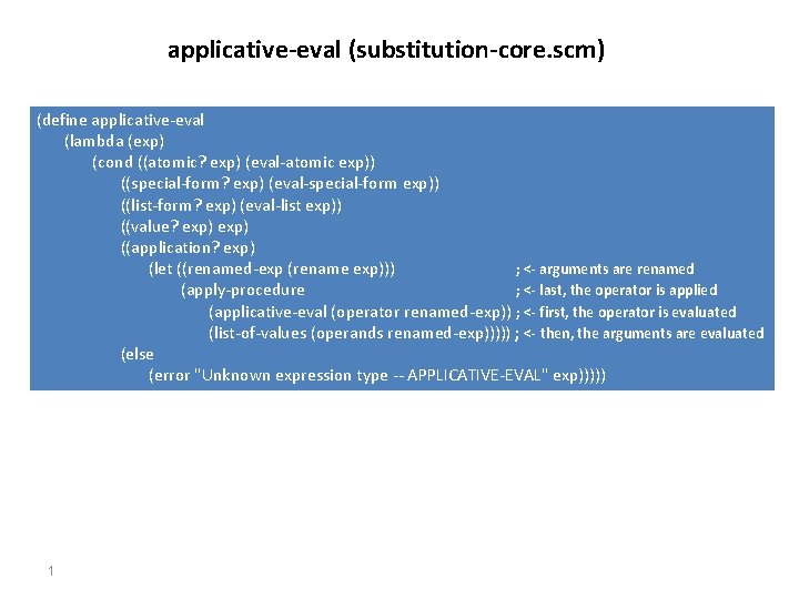 applicative-eval (substitution-core. scm) (define applicative-eval (lambda (exp) (cond ((atomic? exp) (eval-atomic exp)) ((special-form? exp)