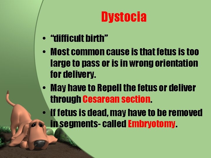 Dystocia • “difficult birth” • Most common cause is that fetus is too large