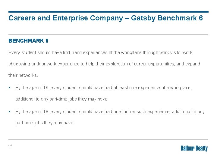 Careers and Enterprise Company – Gatsby Benchmark 6 BENCHMARK 6 Every student should have